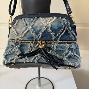 Daesin Frayed Denim Crossbody Bag with Tassel Accent in Blue